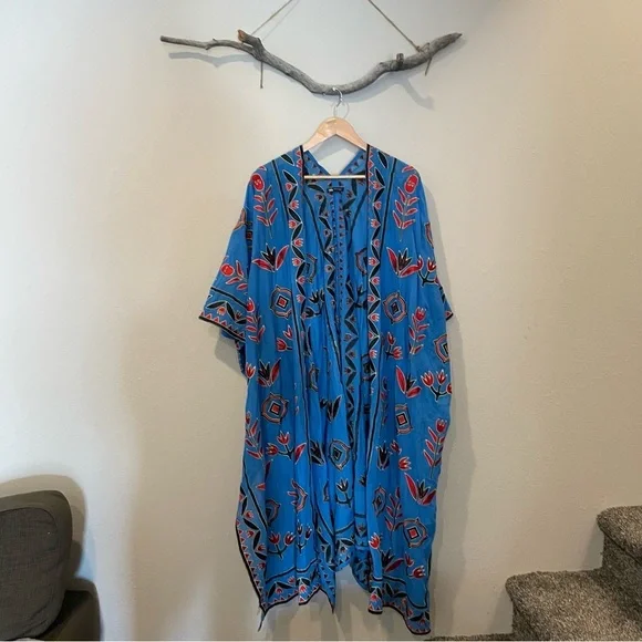 Zara Blue Floral Embroidered Kimono Kaftan - Picture 4 of 9